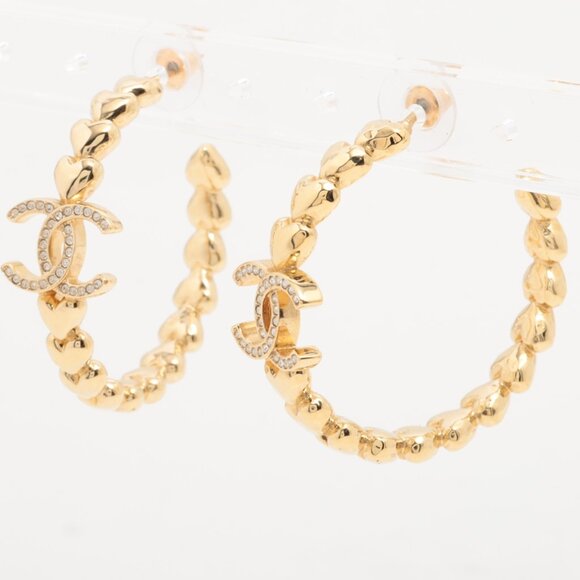 #103 - Chanel Crystal Heart CC Hoop Earrings Gold - Picture 1 of 13